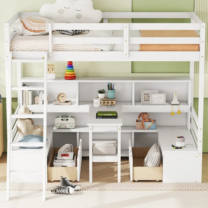 Twin Loft Bed with Desk, Seat, Shelves and Drawers