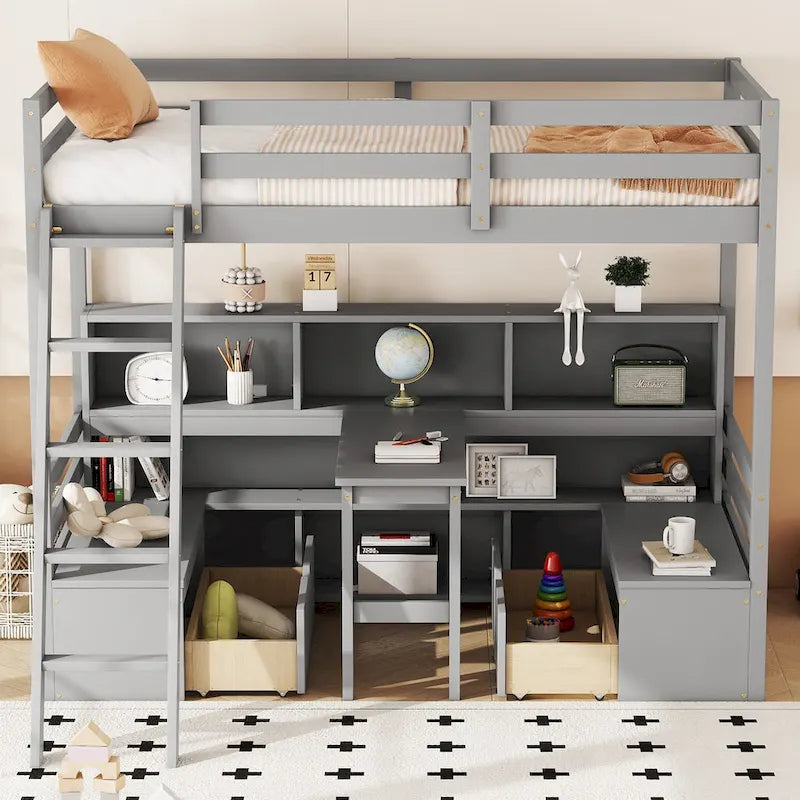 Twin Loft Bed with Desk, Seat, Shelves and Drawers