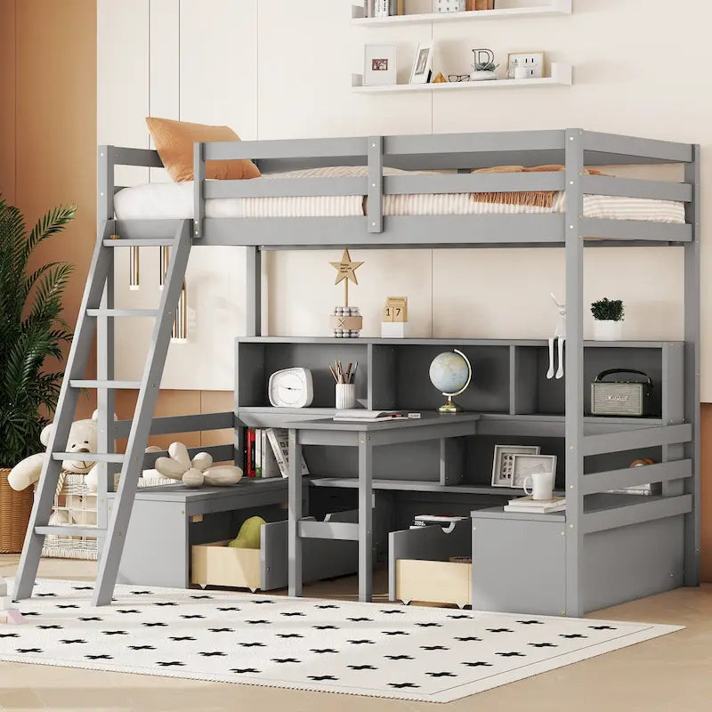 Twin Loft Bed with Desk, Seat, Shelves and Drawers