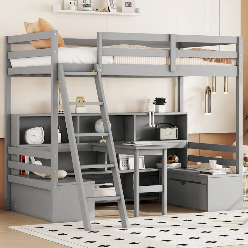 Twin Loft Bed with Desk, Seat, Shelves and Drawers