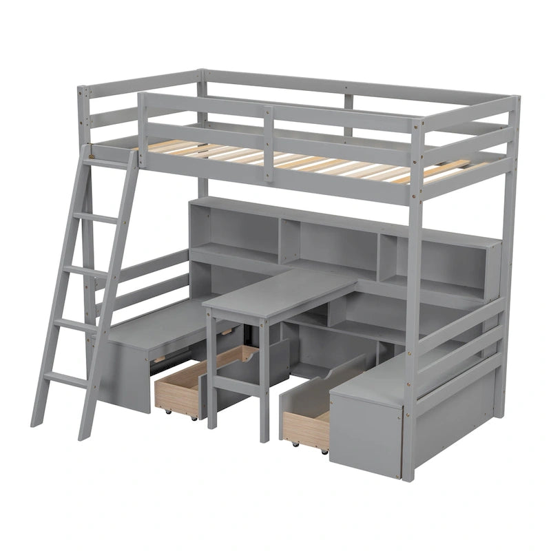 Twin Loft Bed with Desk, Seat, Shelves and Drawers