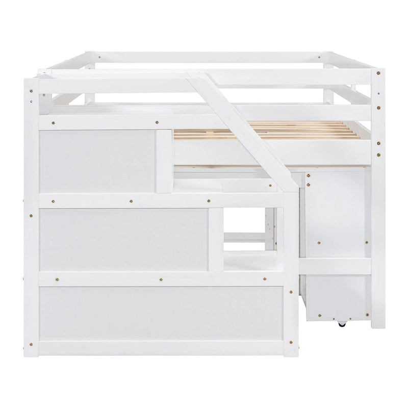 Full Size Wood Loft Bed with Retractable Desk and Storage