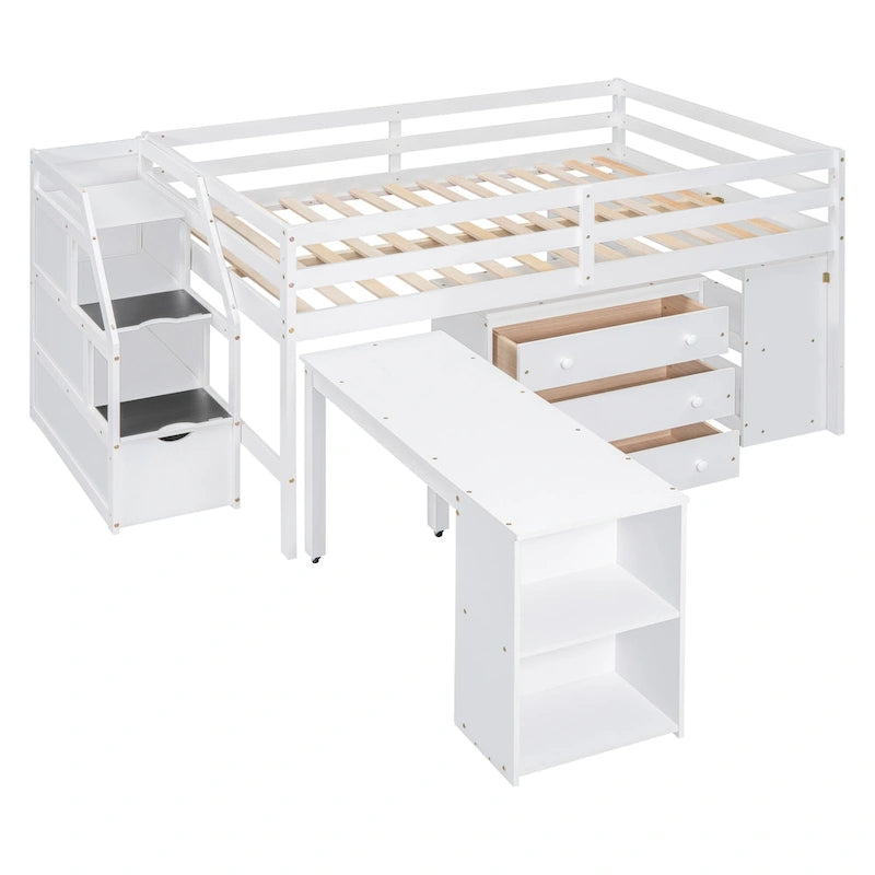 Full Size Wood Loft Bed with Retractable Desk and Storage