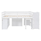 Full Size Wood Loft Bed with Retractable Desk and Storage