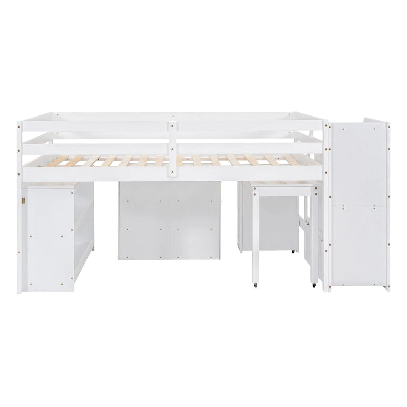 Full Size Wood Loft Bed with Retractable Desk and Storage