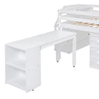 Full Size Wood Loft Bed with Retractable Desk and Storage