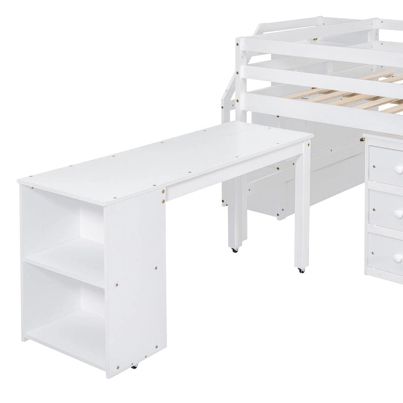 Full Size Wood Loft Bed with Retractable Desk and Storage