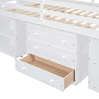 Full Size Wood Loft Bed with Retractable Desk and Storage