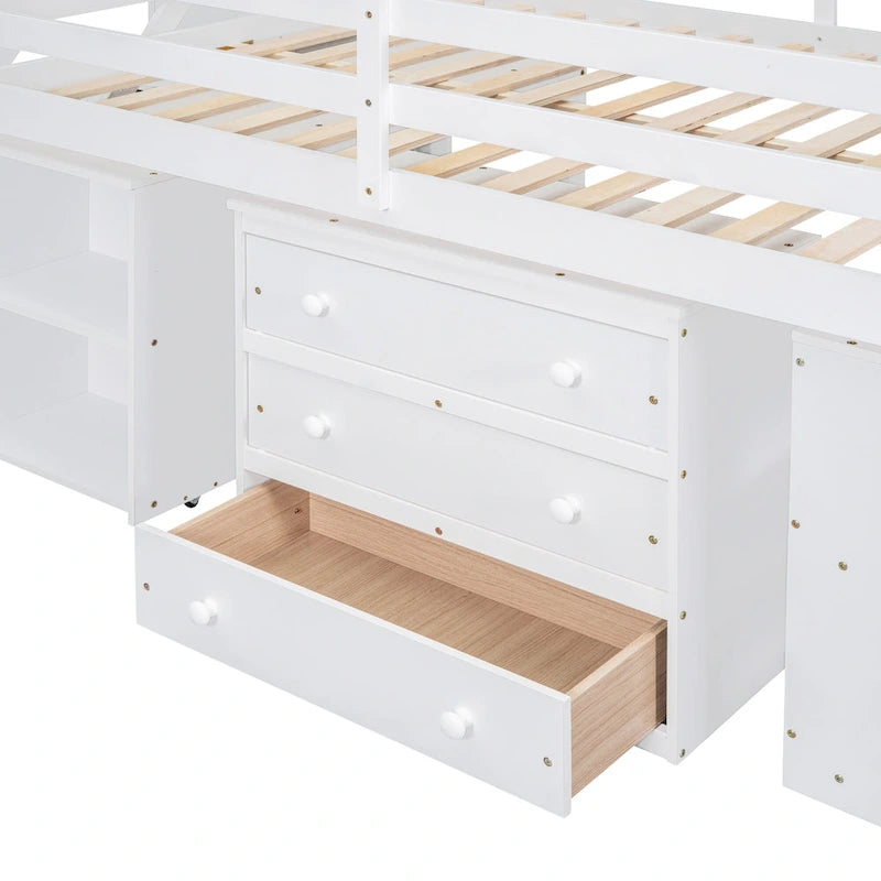 Full Size Wood Loft Bed with Retractable Desk and Storage