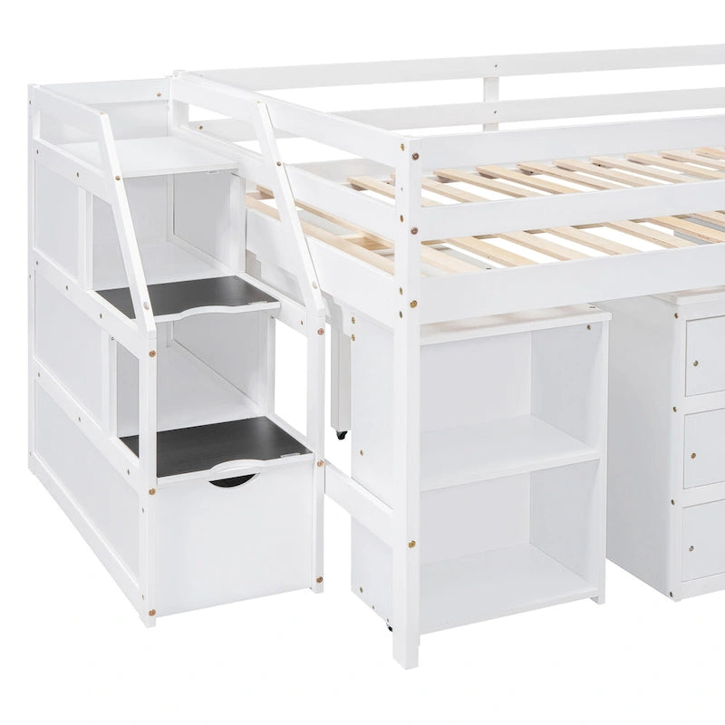 Full Size Wood Loft Bed with Retractable Desk and Storage