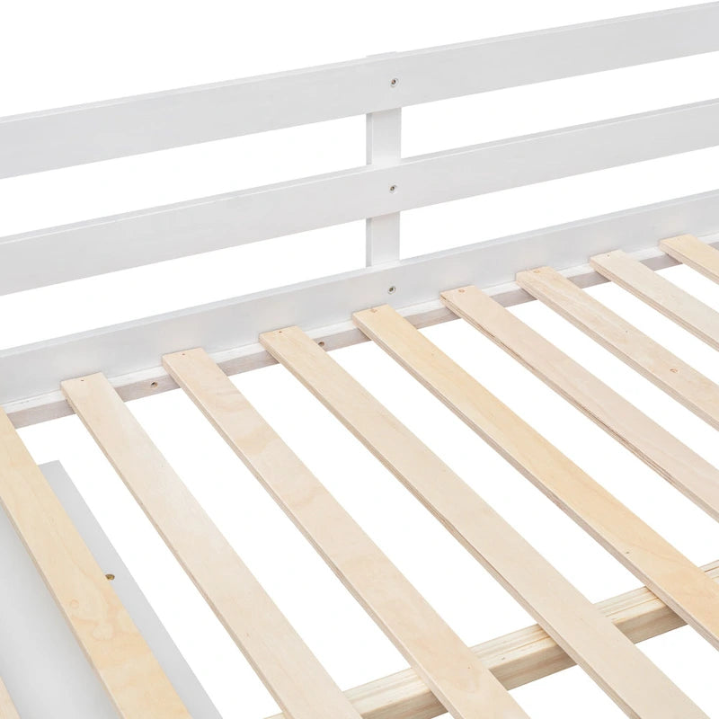 Full Size Wood Loft Bed with Retractable Desk and Storage