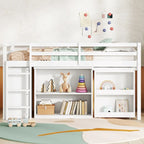 Lit mezzanine une place avec bureau coulissant et meubles de rangement