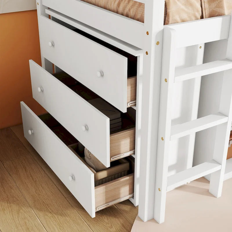 Twin Loft Bed with Pull-Out Desk and Storage Cabinets