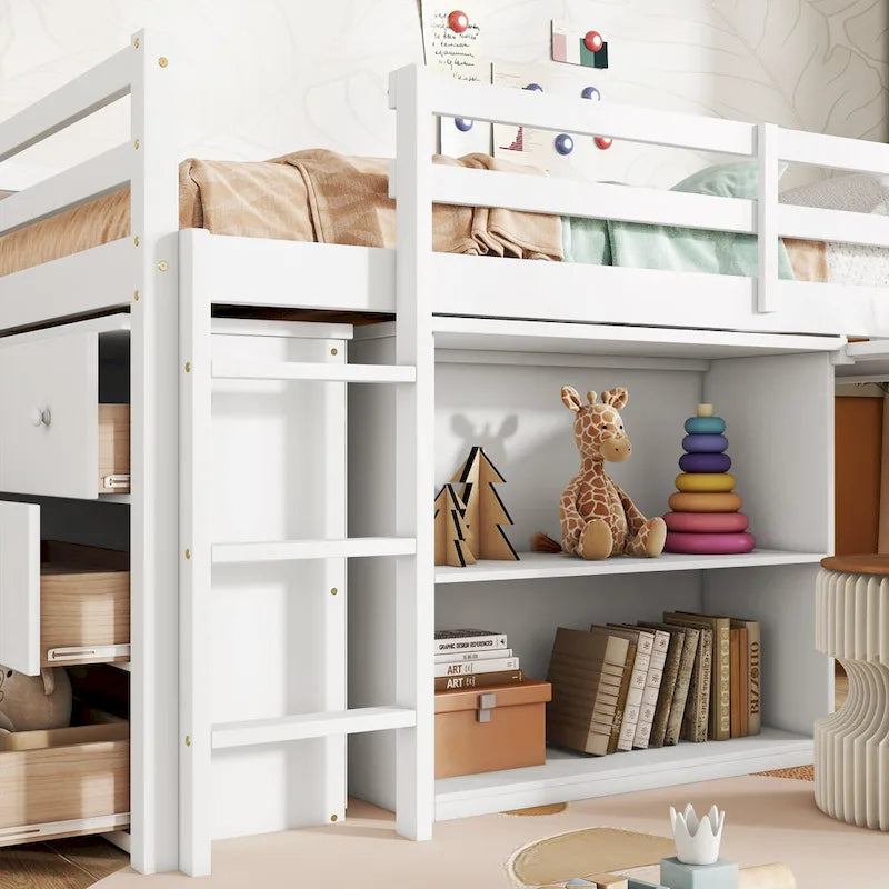 Twin Loft Bed with Pull-Out Desk and Storage Cabinets