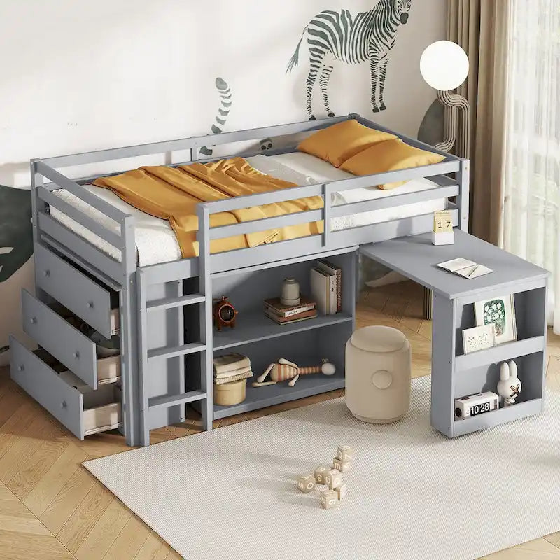 Twin Loft Bed with Pull-Out Desk and Storage Cabinets