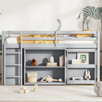 Lit mezzanine une place avec bureau coulissant et meubles de rangement