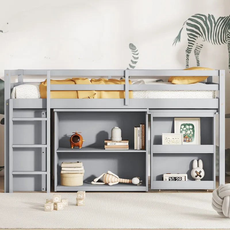 Twin Loft Bed with Pull-Out Desk and Storage Cabinets