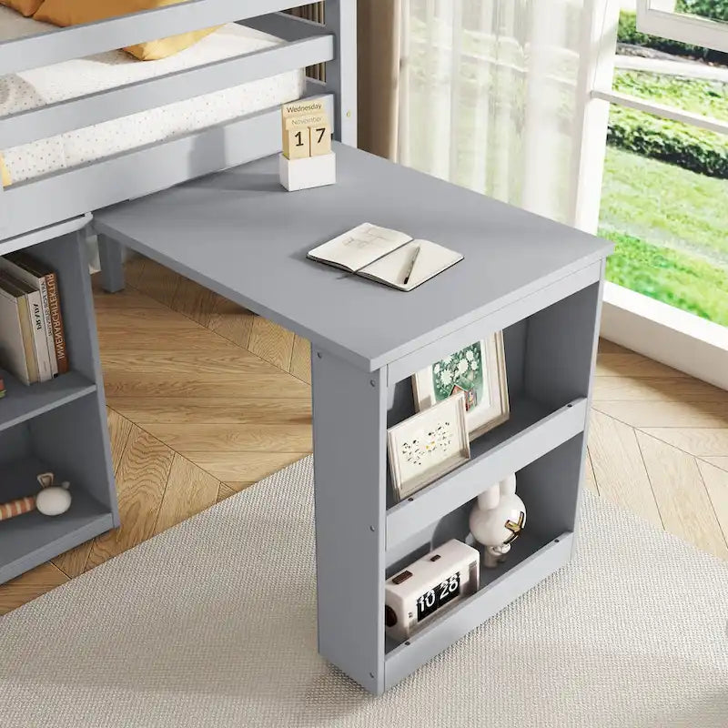 Twin Loft Bed with Pull-Out Desk and Storage Cabinets