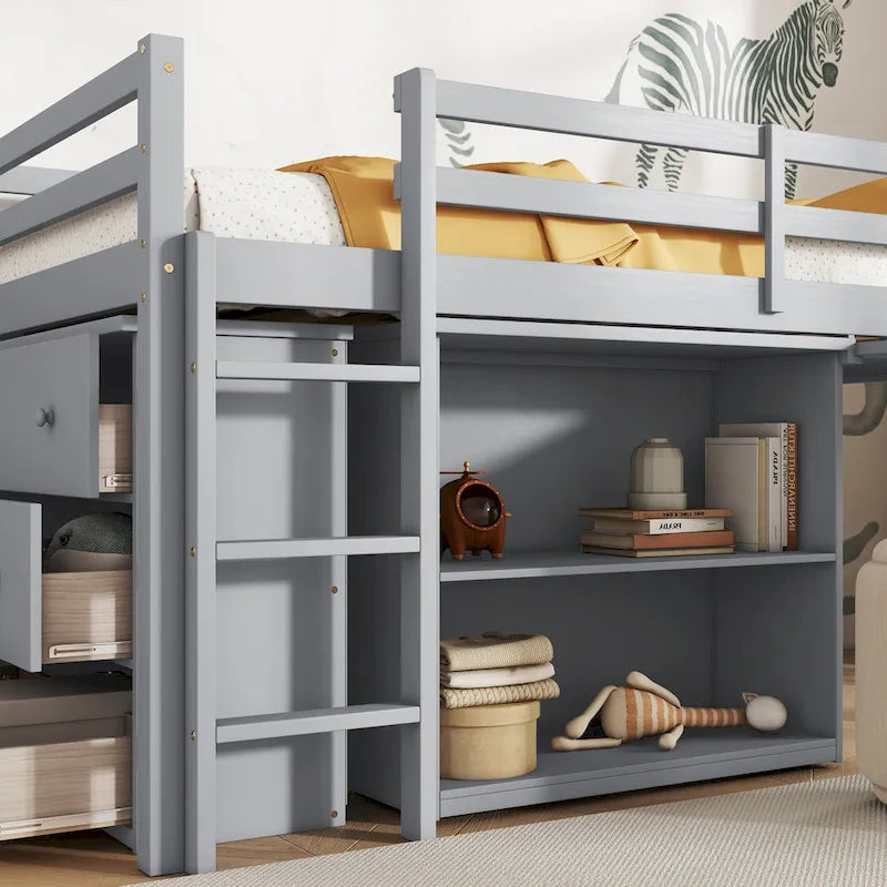 Twin Loft Bed with Pull-Out Desk and Storage Cabinets