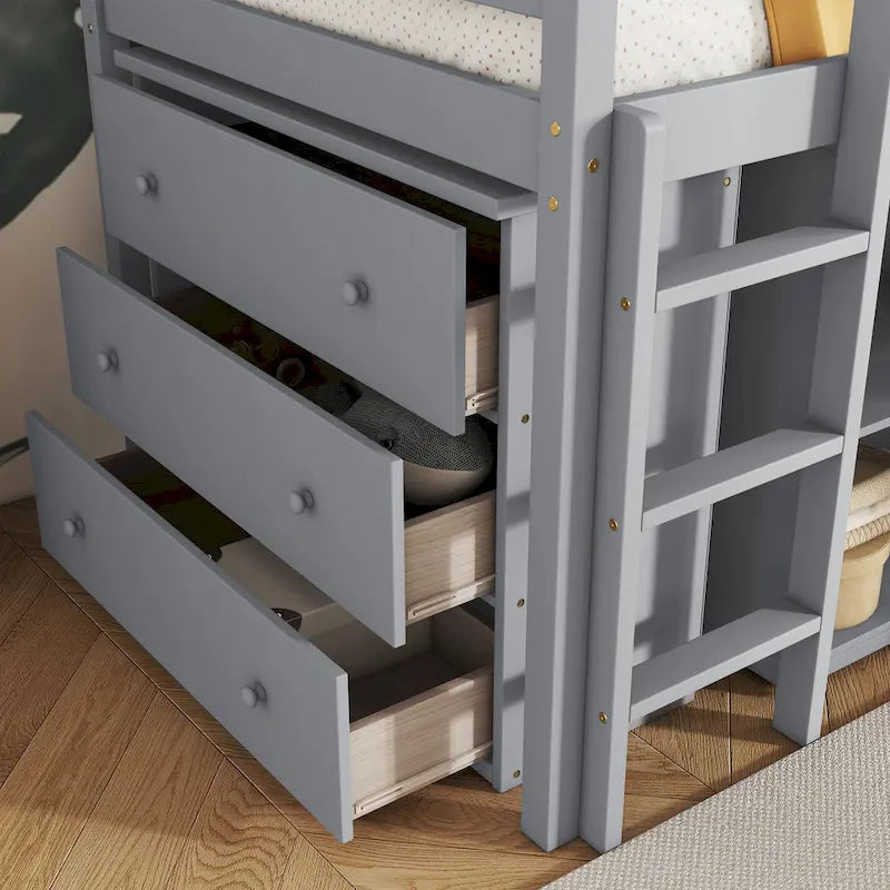 Twin Loft Bed with Pull-Out Desk and Storage Cabinets