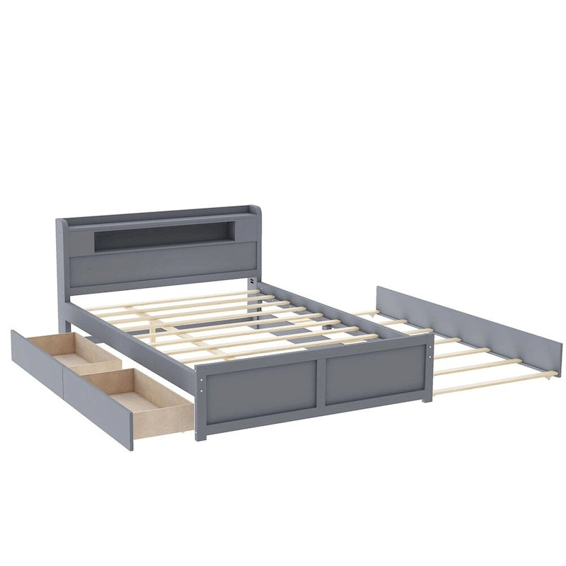 Queen Wood Platform Bed with LED Headboard, Trundle and Drawers