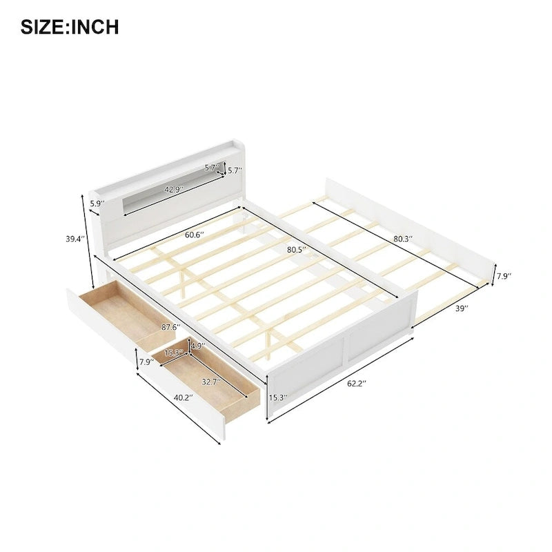 Queen Wood Platform Bed with LED Headboard, Trundle and Drawers