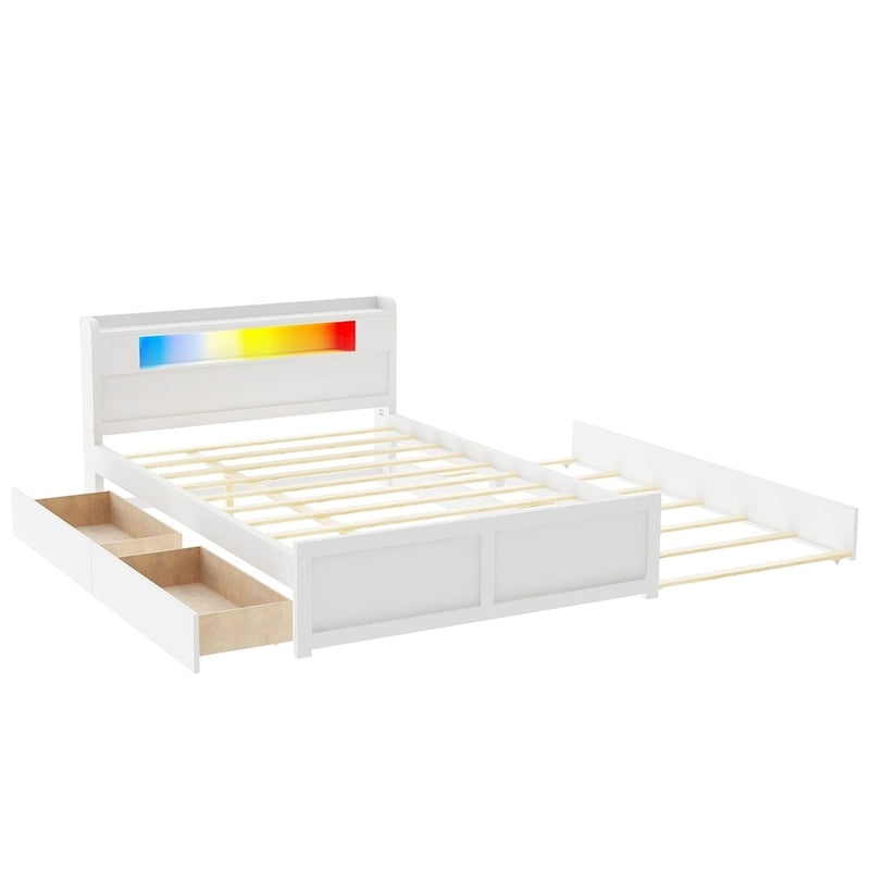 Queen Wood Platform Bed with LED Headboard, Trundle and Drawers
