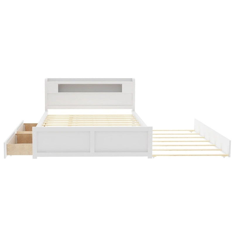 Queen Wood Platform Bed with LED Headboard, Trundle and Drawers