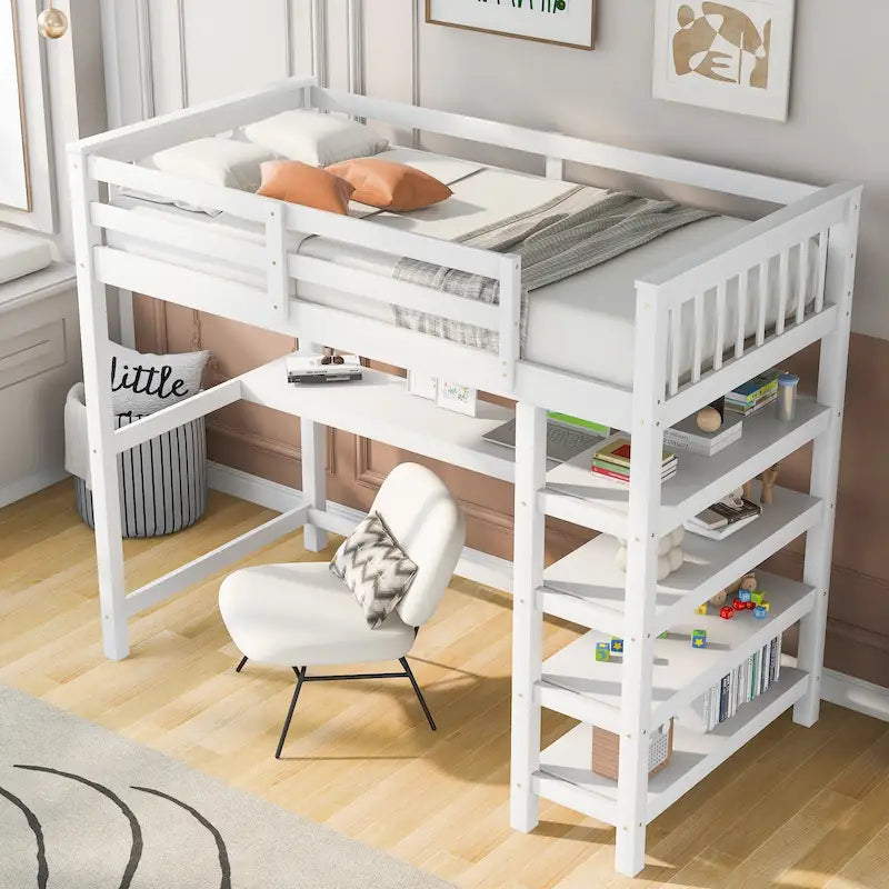 Twin Loft Bed with Built-In Desk and Storage Shelves