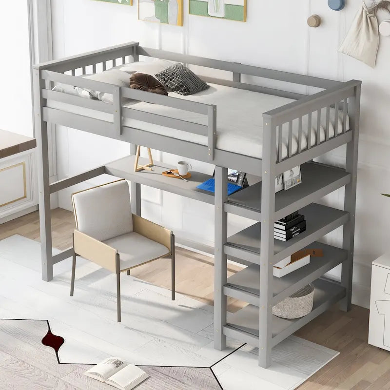 Twin Loft Bed with Built-In Desk and Storage Shelves