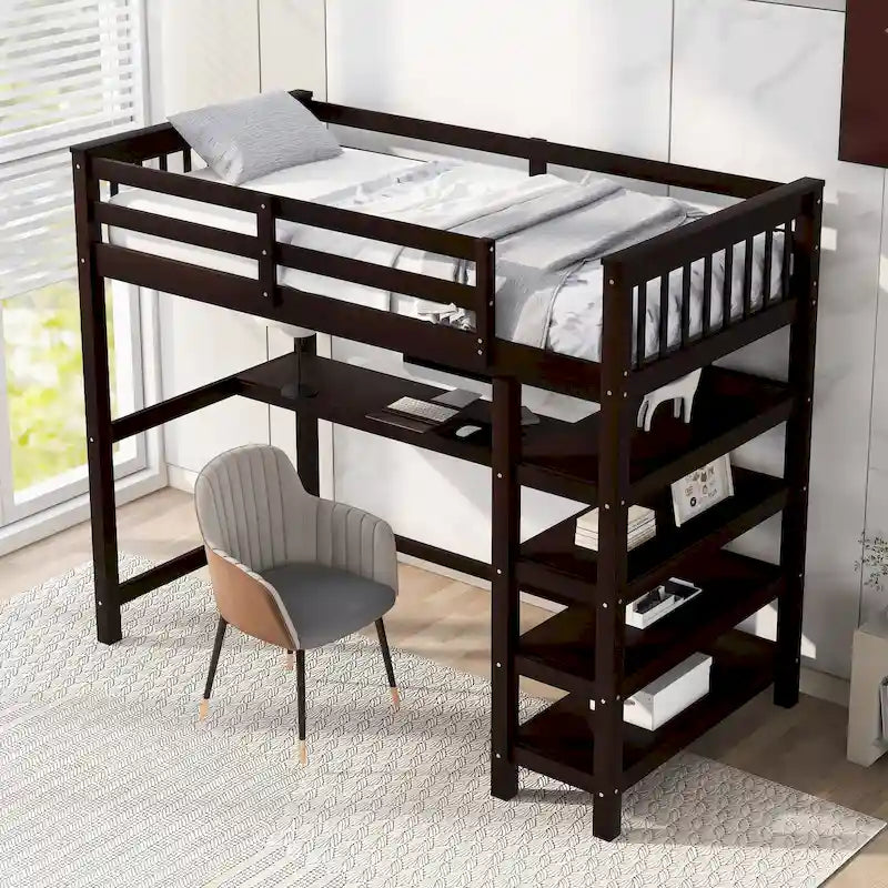 Twin Loft Bed with Built-In Desk and Storage Shelves