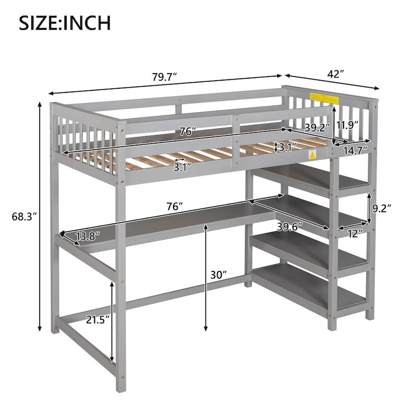 Twin Loft Bed with Built-In Desk and Storage Shelves