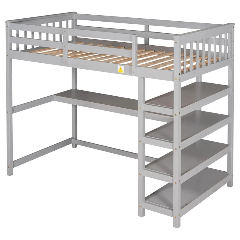 Twin Loft Bed with Built-In Desk and Storage Shelves