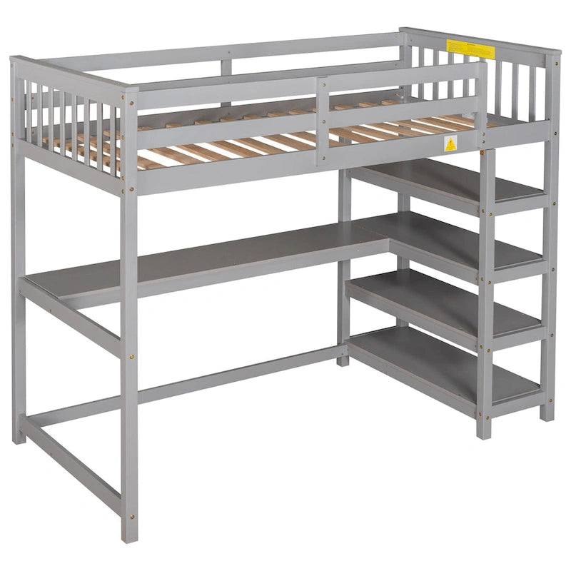 Twin Loft Bed with Built-In Desk and Storage Shelves