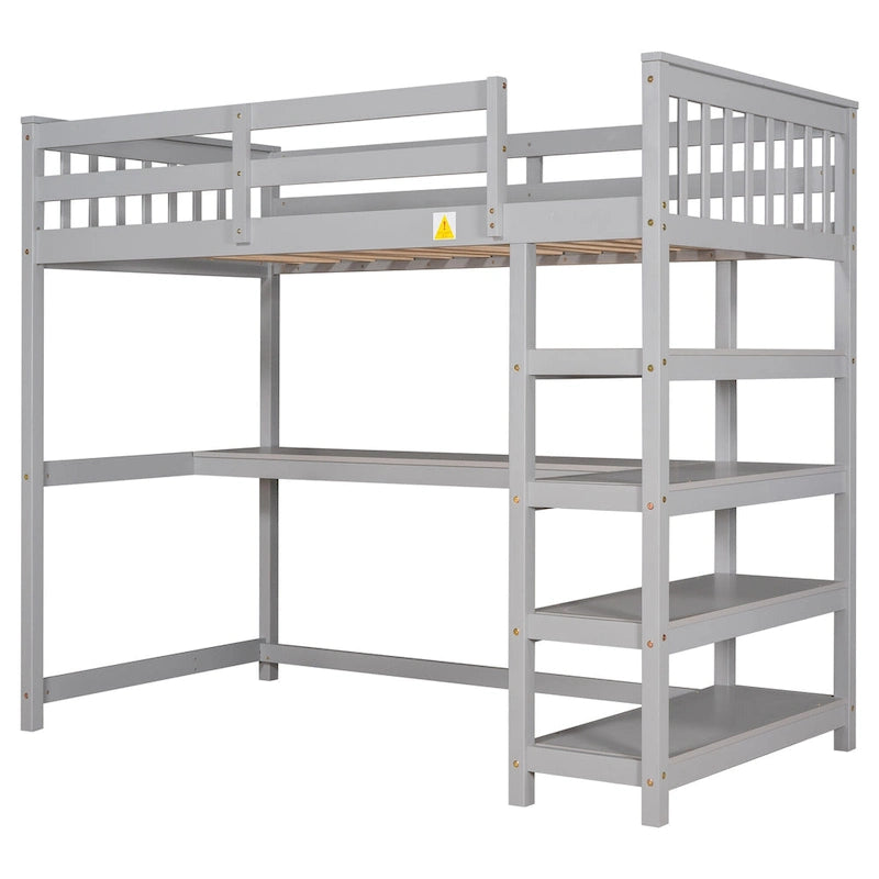 Twin Loft Bed with Built-In Desk and Storage Shelves
