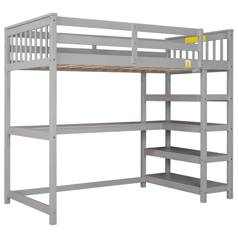 Twin Loft Bed with Built-In Desk and Storage Shelves