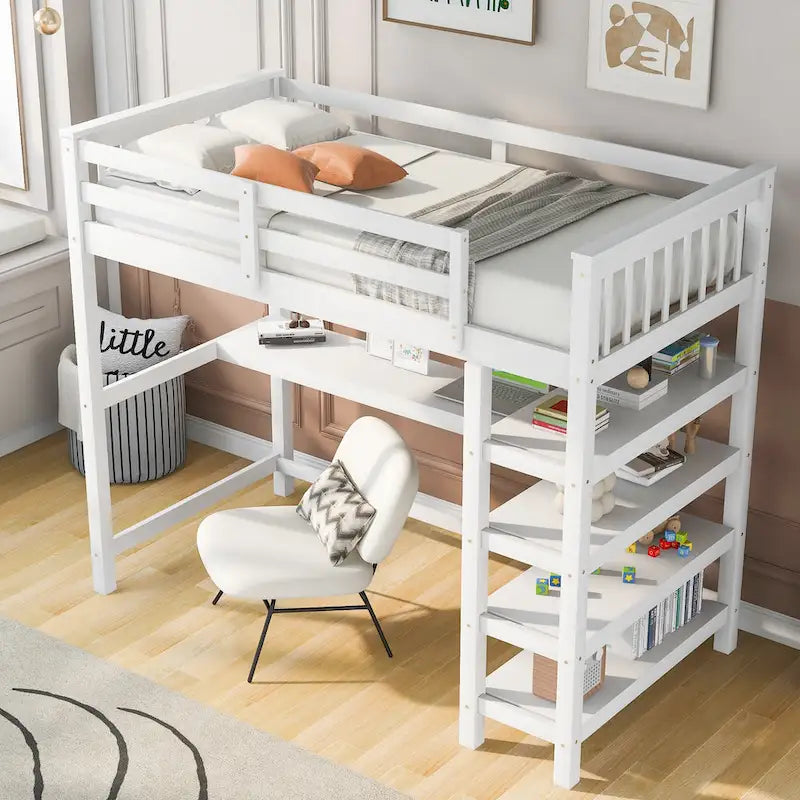 Twin Loft Bed with Built-In Desk and Storage Shelves