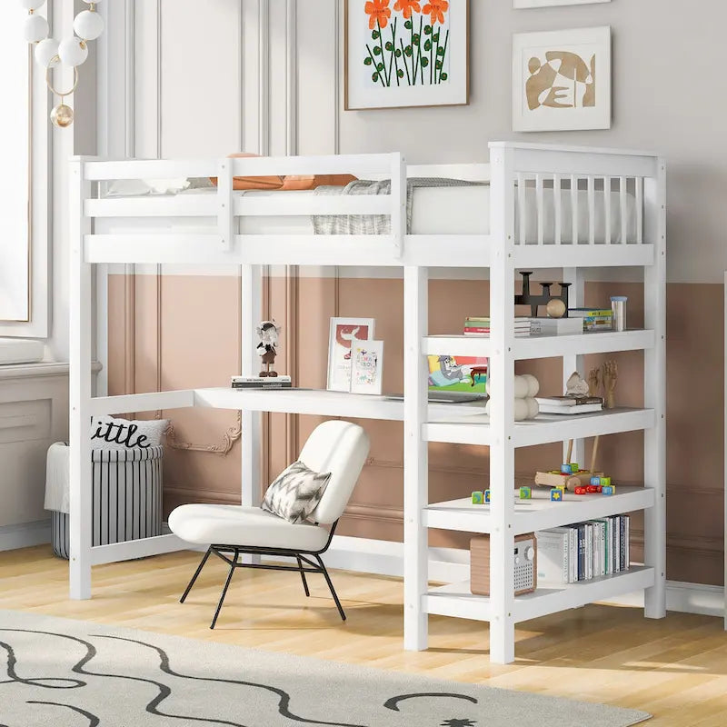 Twin Loft Bed with Built-In Desk and Storage Shelves