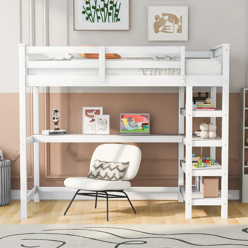 Twin Loft Bed with Built-In Desk and Storage Shelves