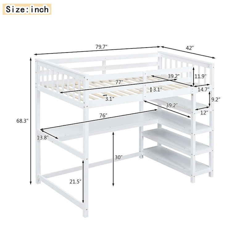 Twin Loft Bed with Built-In Desk and Storage Shelves