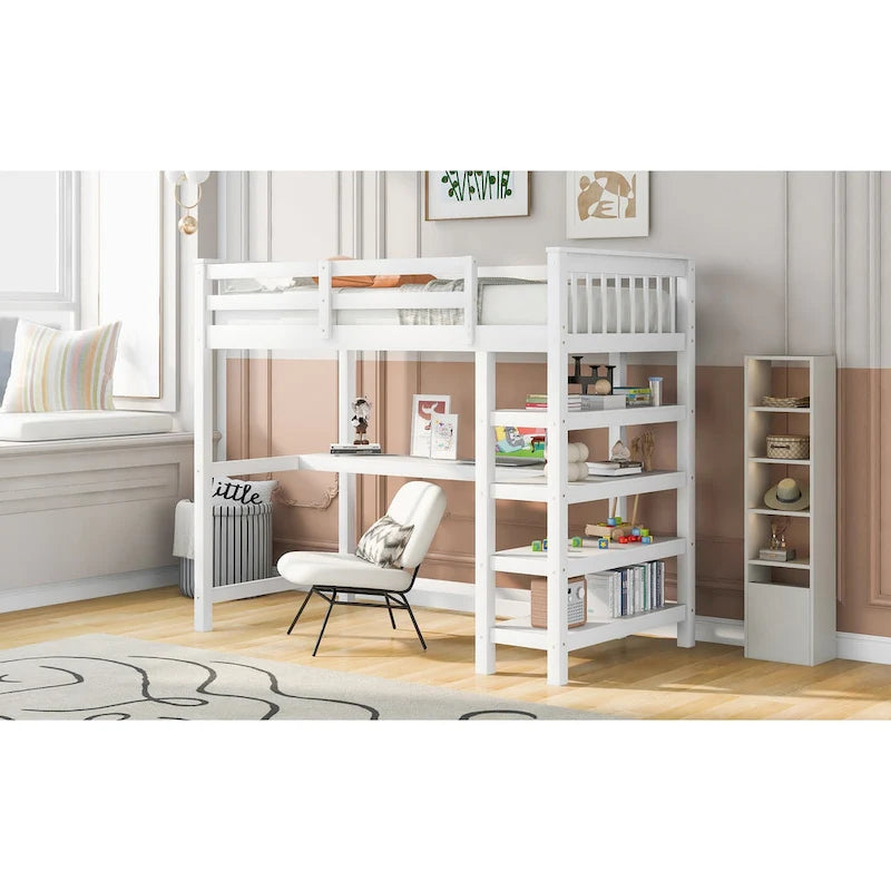 Twin Loft Bed with Built-In Desk and Storage Shelves