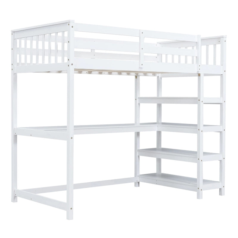Twin Loft Bed with Built-In Desk and Storage Shelves