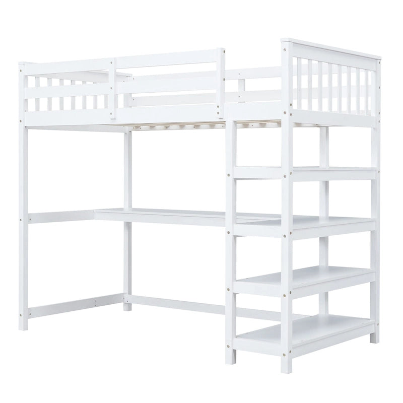 Twin Loft Bed with Built-In Desk and Storage Shelves