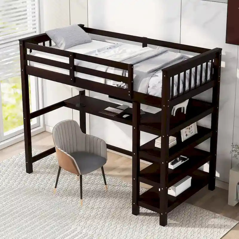 Twin Loft Bed with Built-In Desk and Storage Shelves