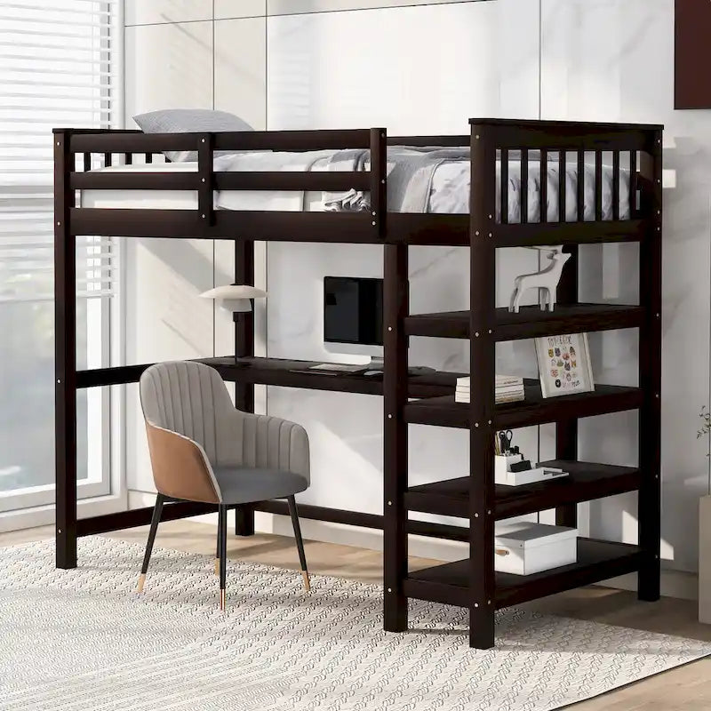 Twin Loft Bed with Built-In Desk and Storage Shelves