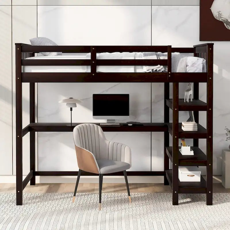 Twin Loft Bed with Built-In Desk and Storage Shelves