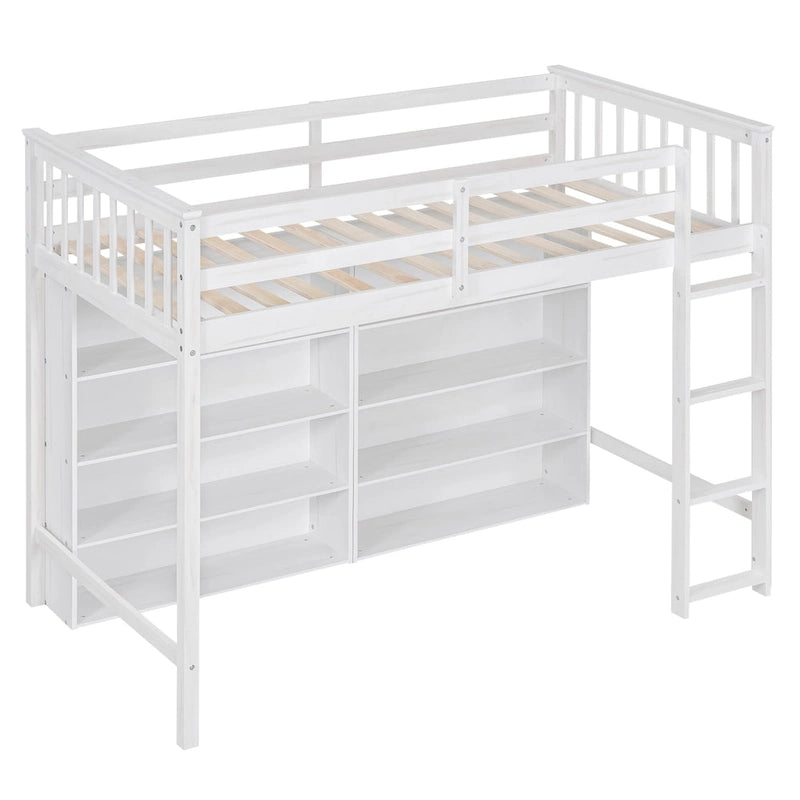 Twin Loft Bed with 8 Storage Shelves and Ladder