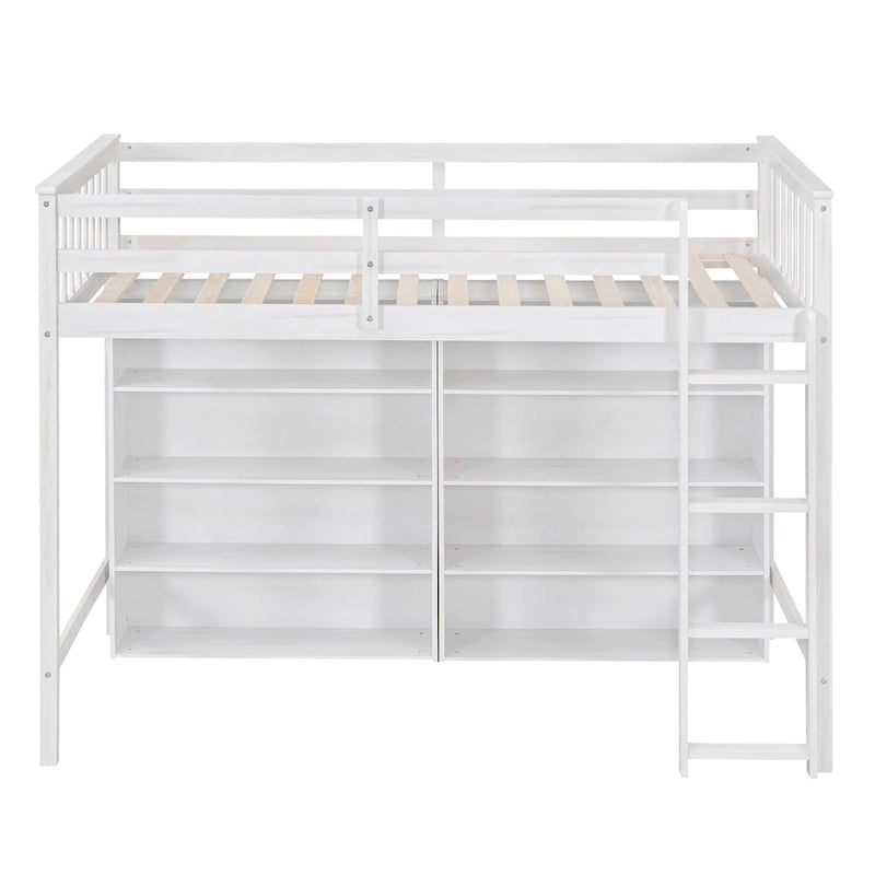 Twin Loft Bed with 8 Storage Shelves and Ladder