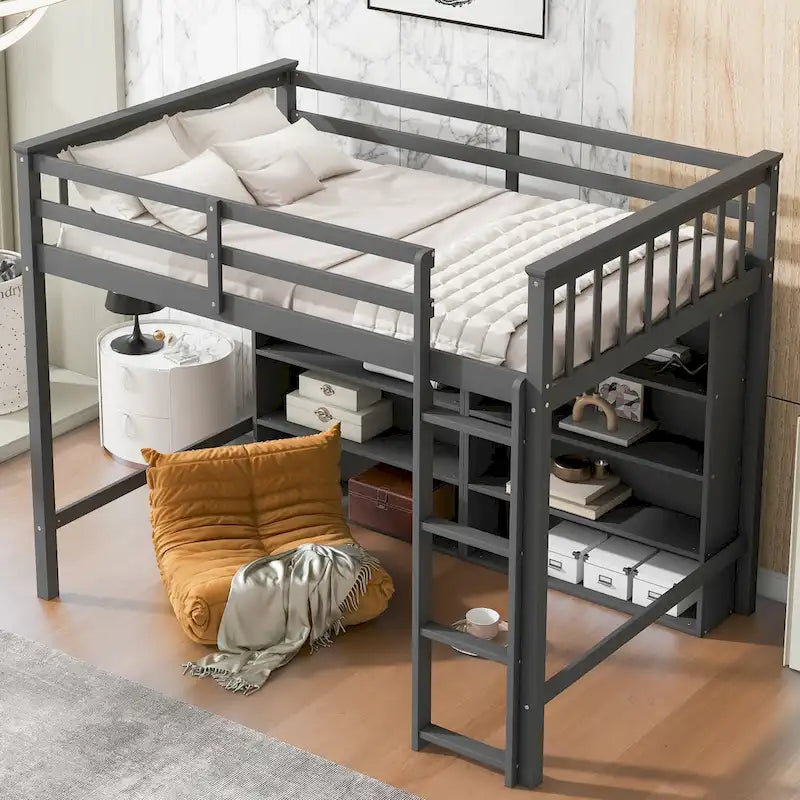 Twin Loft Bed with 8 Storage Shelves and Ladder