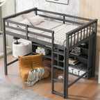 Cama alta tamaño individual con 8 estantes de almacenamiento y escalera